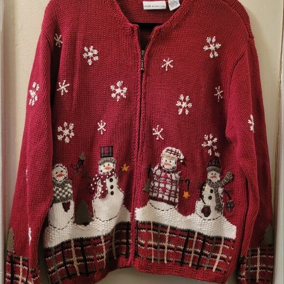 Vintsge Womens Red Embroidered Snowmen Cardigan Ugly Christmas Sweater M - Picture 1 of 12